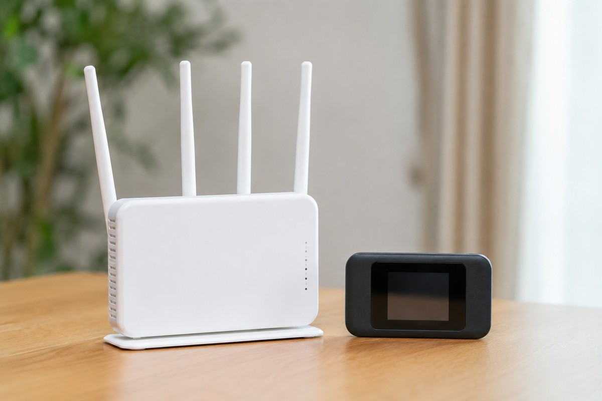 白いWi-Fiルーターと黒いポケットWi-Fiルーターが並ぶ