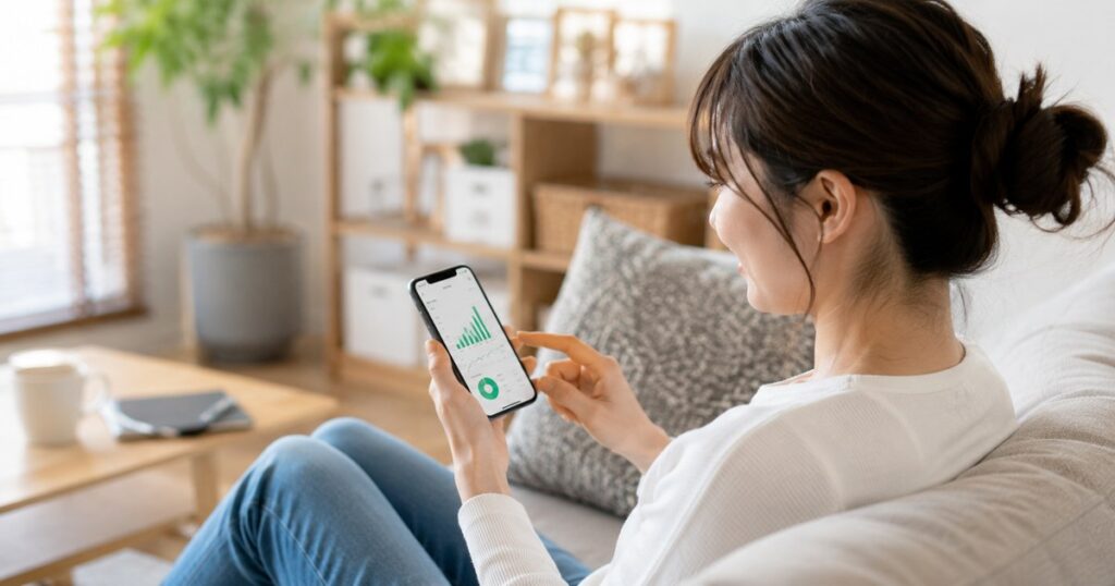 スマホで副業収益を確認する女性