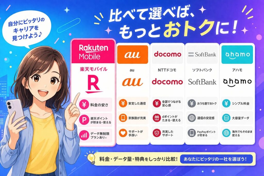 ドコモ・au・ソフトバンクと楽天モバイルを料金や通信品質で徹底比較するイメージ