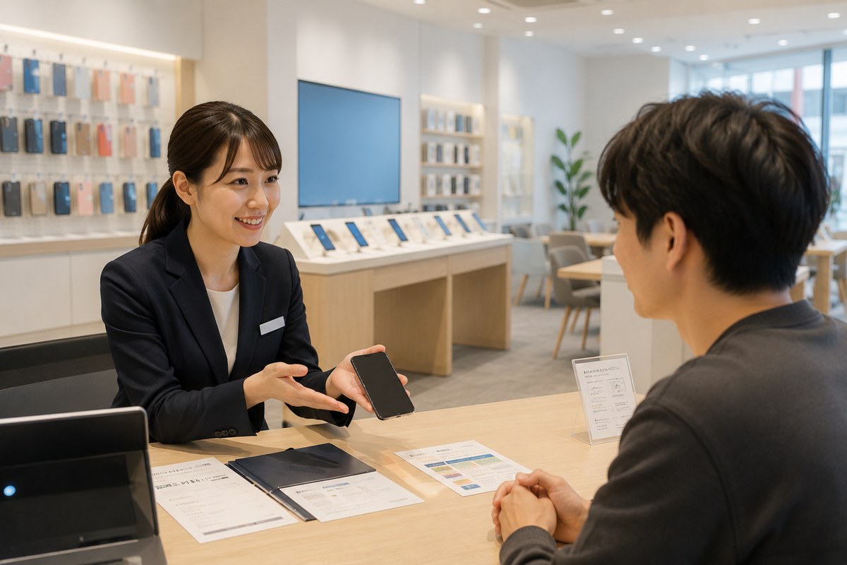 スマホショップで料金プランの説明を受ける様子
