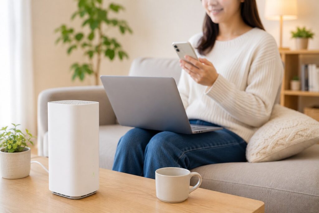 ソファでスマホとノートPCを使う人と手前のホームルーター