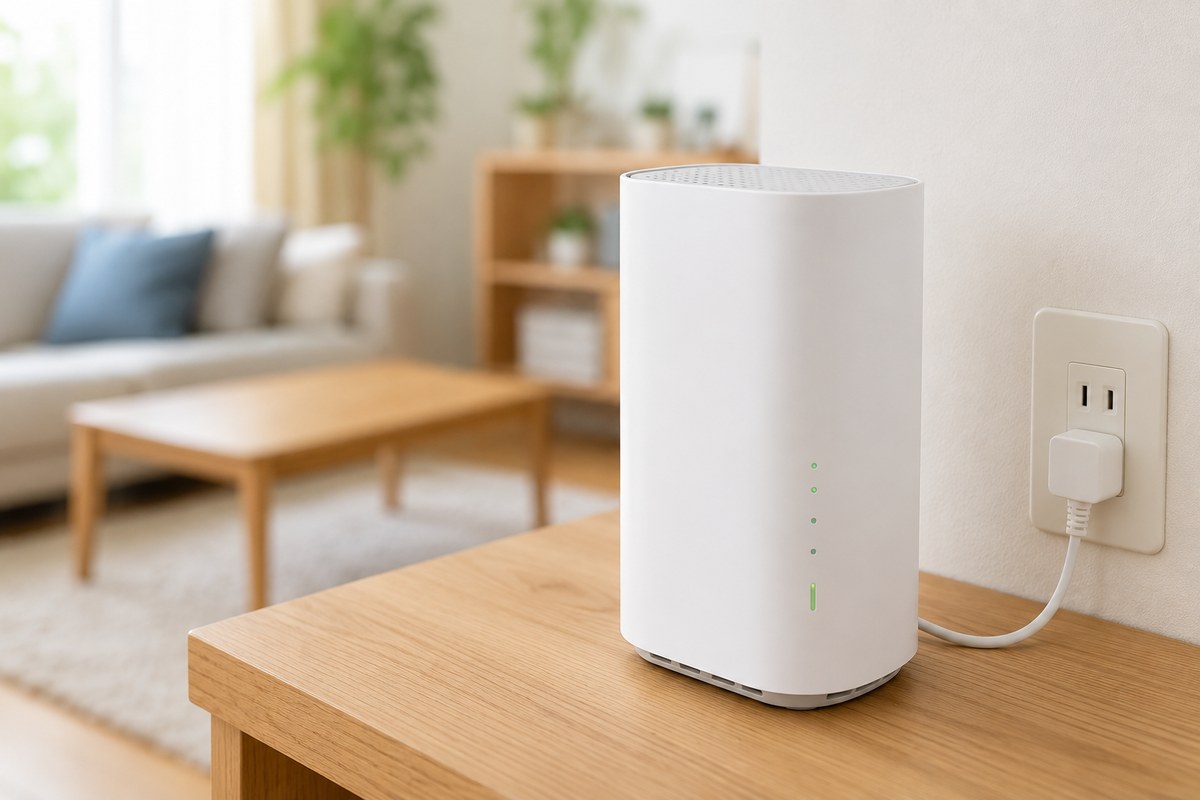 木製テーブルのコンセント近くに置かれた白い据え置き型ホームルーター