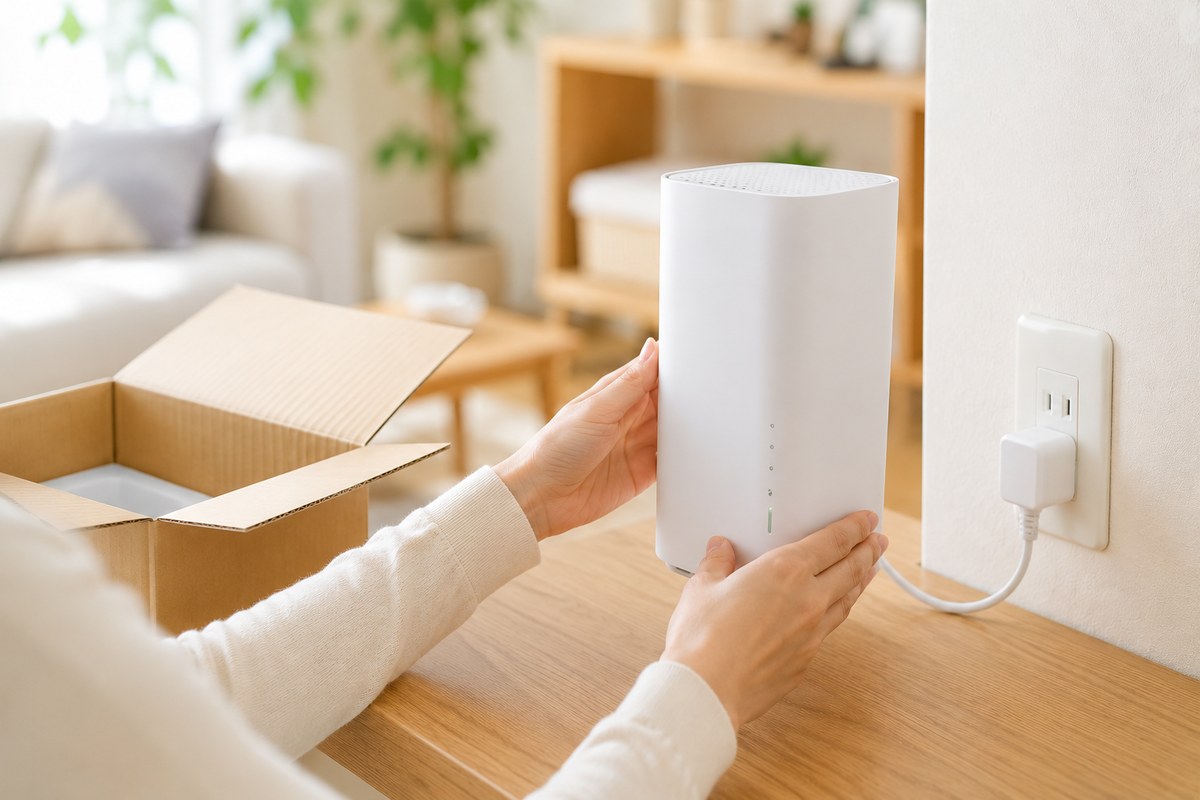 届いたホームルーターを開封しコンセント近くに設置する手元