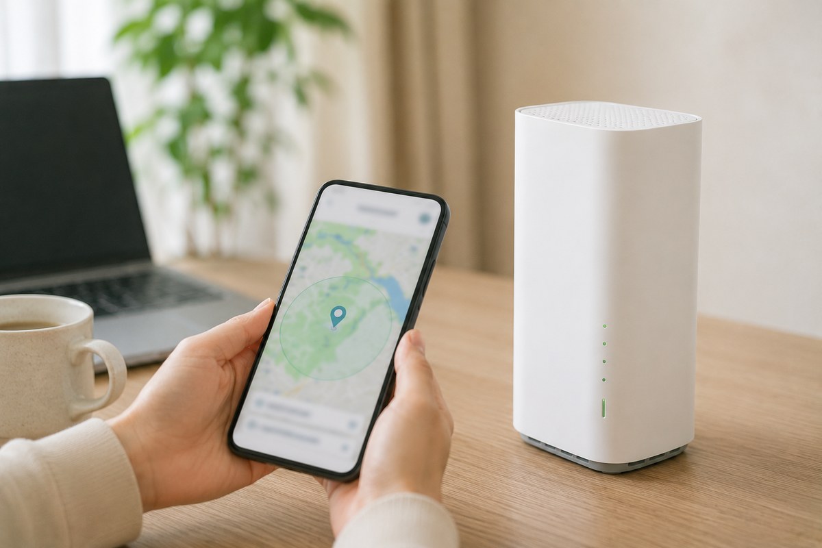 スマホで対応エリアの地図を確認する手元と白いホームルーター