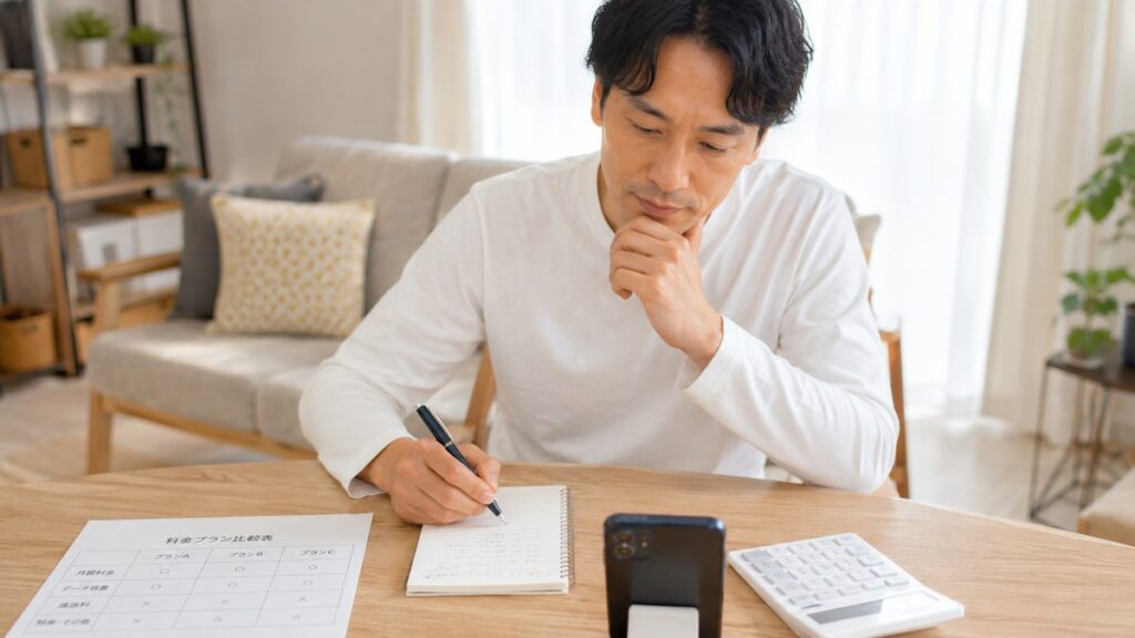 料金プラン比較表を見ながら月額料金を検討する男性の写真