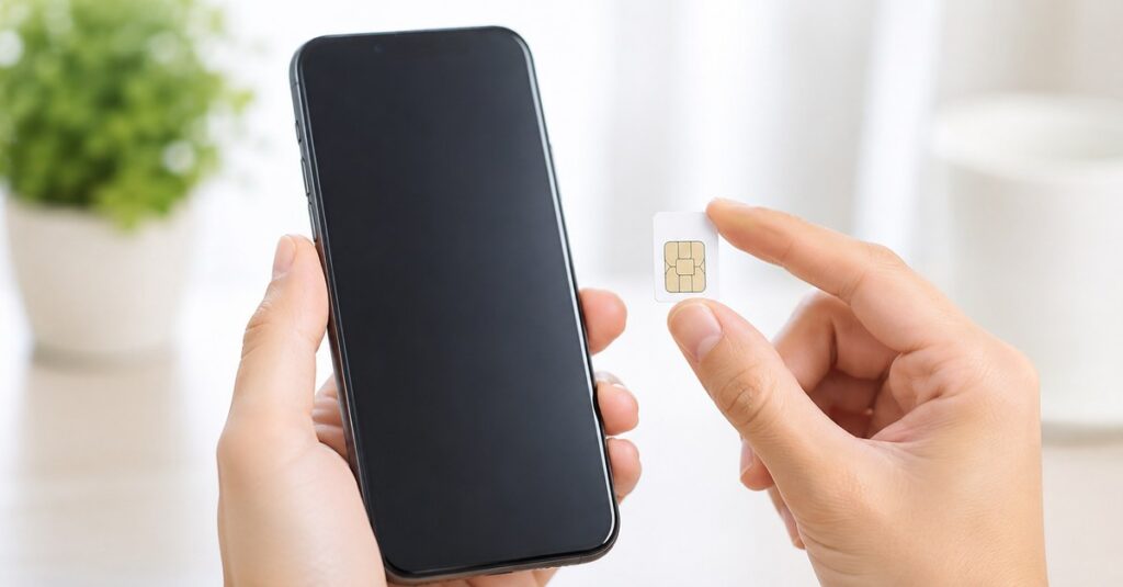 スマホと無地のSIMカードを手に持ち格安SIMの仕組みを確認するイメージ