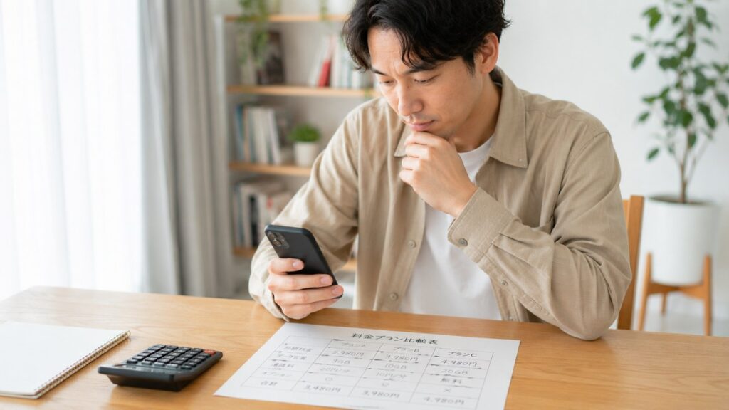料金表と電卓を前にスマートフォンで料金を比較する男性の写真