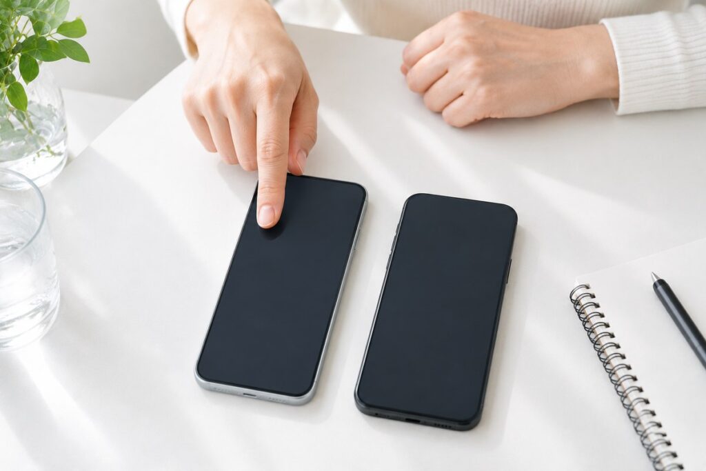机の上で2台のスマホを見比べる手元