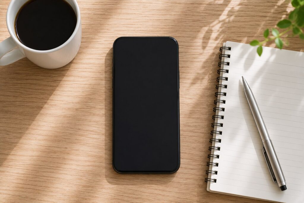 デスクのスマホとノートで機種を検討する様子