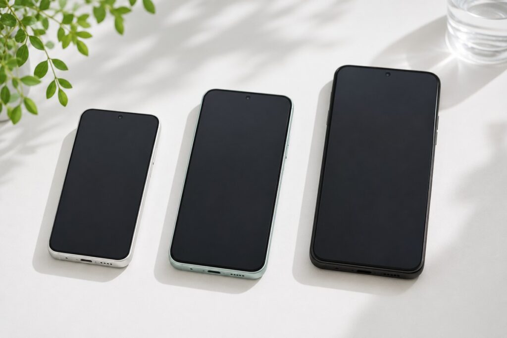 サイズ違いのAndroidスマホ3台を並べた比較