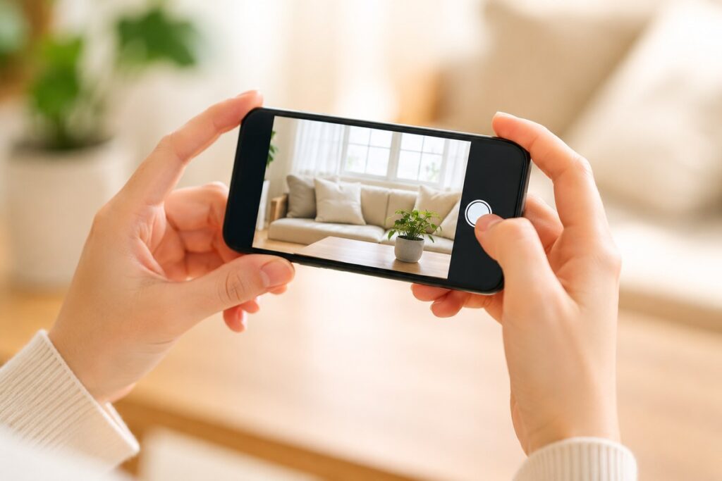 スマホを横向きに持って室内を撮影する様子