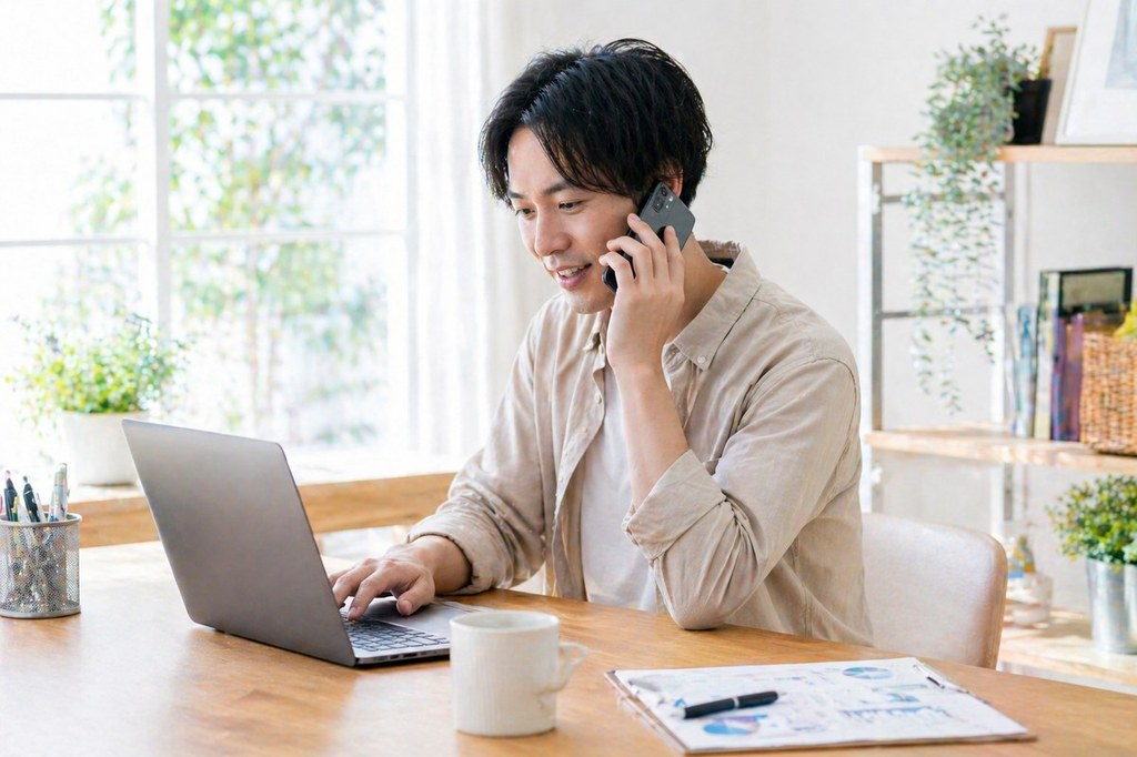楽天モバイルのRakuten Linkで通話しながら在宅ワークする男性