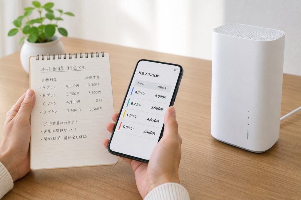 料金メモとスマホを見比べてプランを選ぶ手元とホームルーター