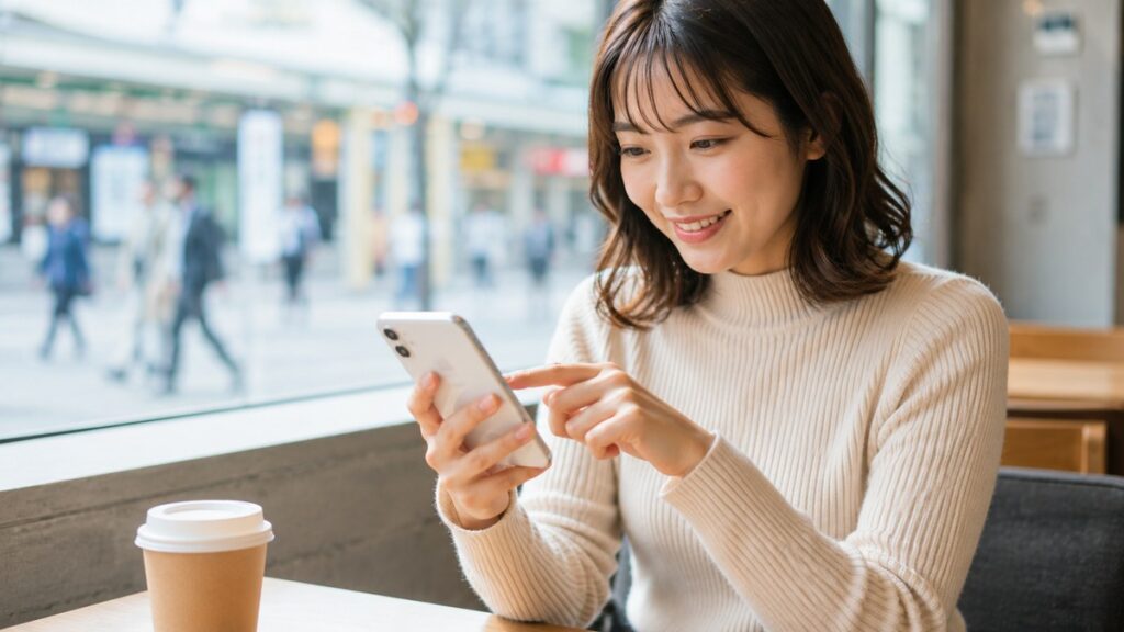 カフェで笑顔でスマートフォンを操作する女性の写真