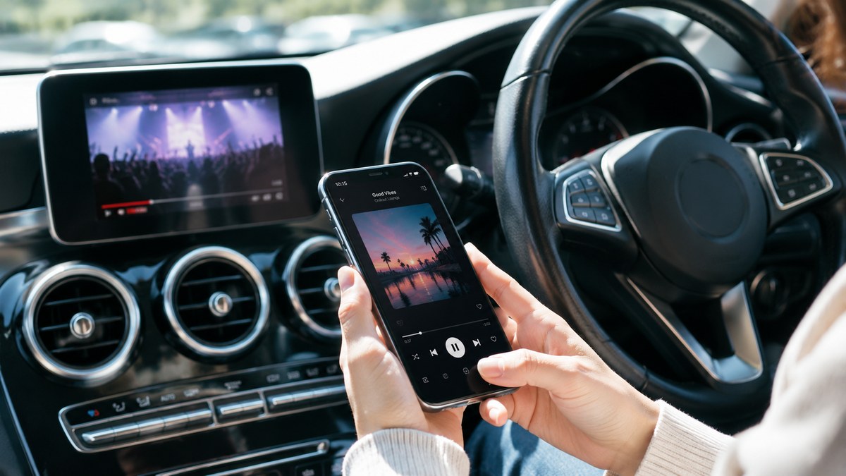 車内でスマホの音楽や動画のストリーミングを再生している様子