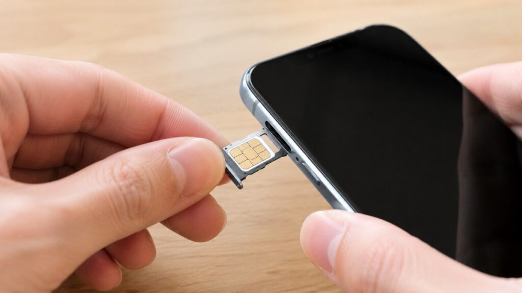 スマートフォンのトレイにSIMカードをセットしている手元の写真