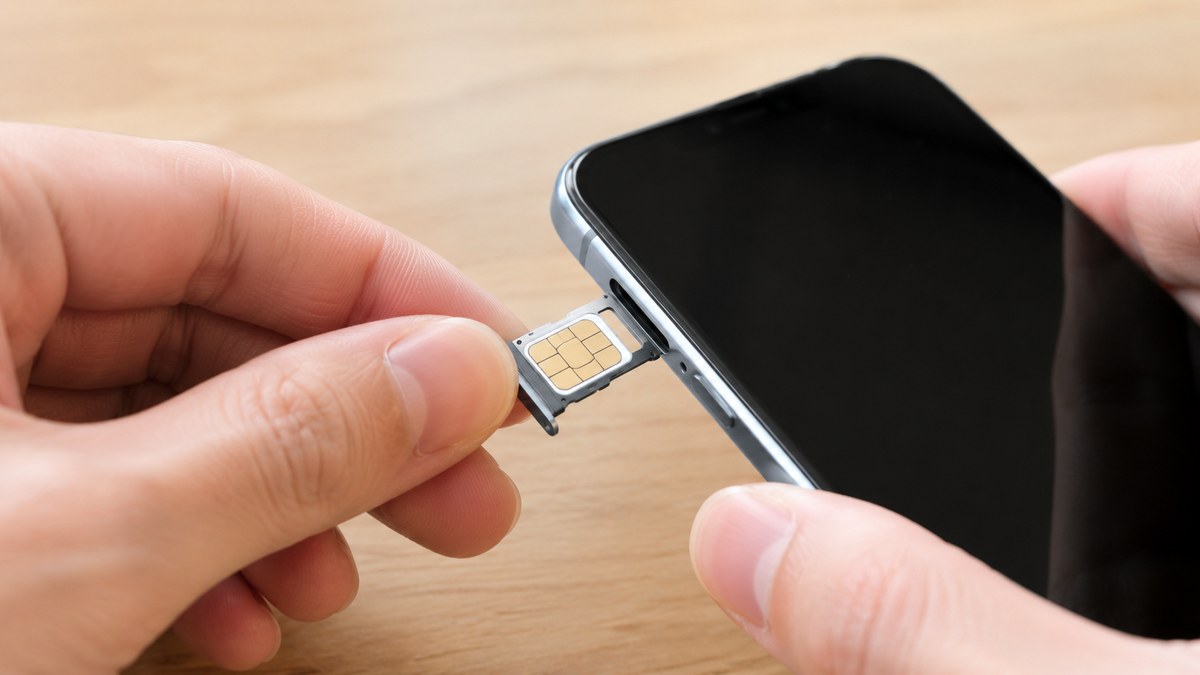 スマートフォンのトレイにSIMカードをセットしている手元の写真