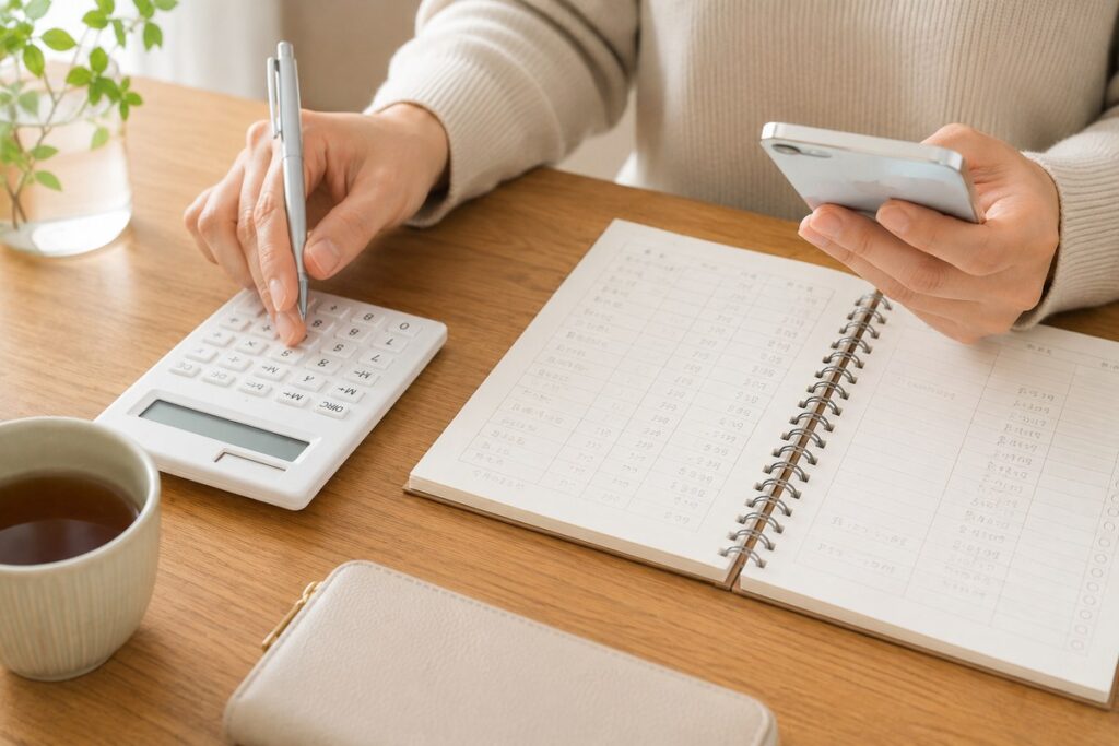 電卓と家計簿とスマホで毎月の通信費を計算する手元