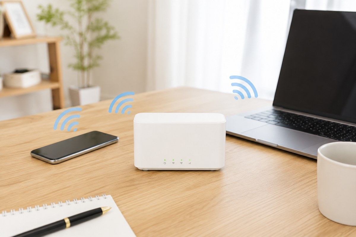 木目デスクに置かれた白いホームルーターから電波が広がる