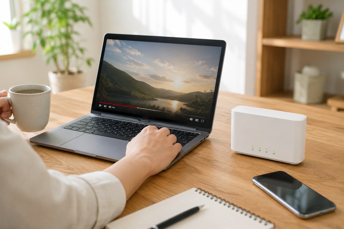 ノートPCで快適に動画を視聴する手元と傍らの白いルーター