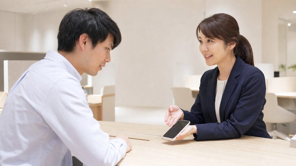 携帯ショップのカウンターで相談する様子