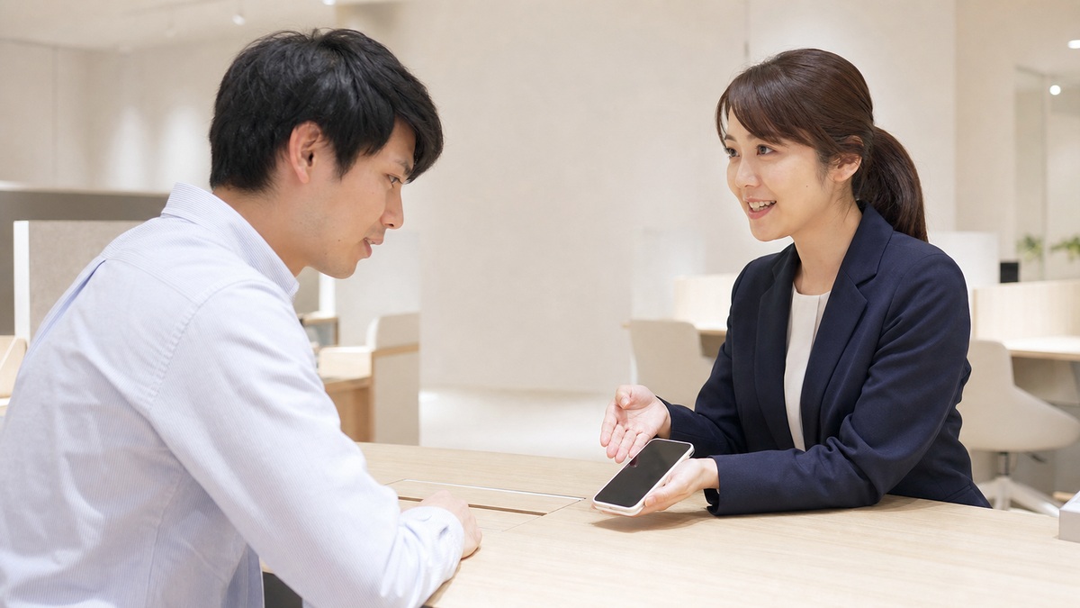 携帯ショップのカウンターで相談する様子