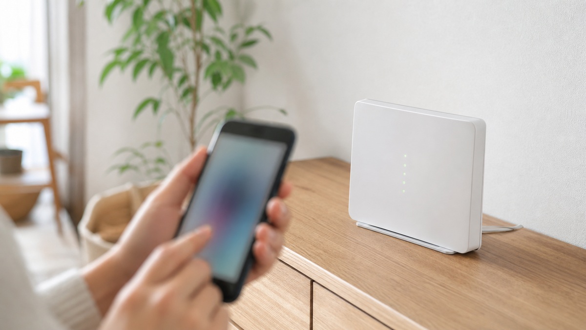 自宅に設置した光回線のWi-Fiルーターとスマホ