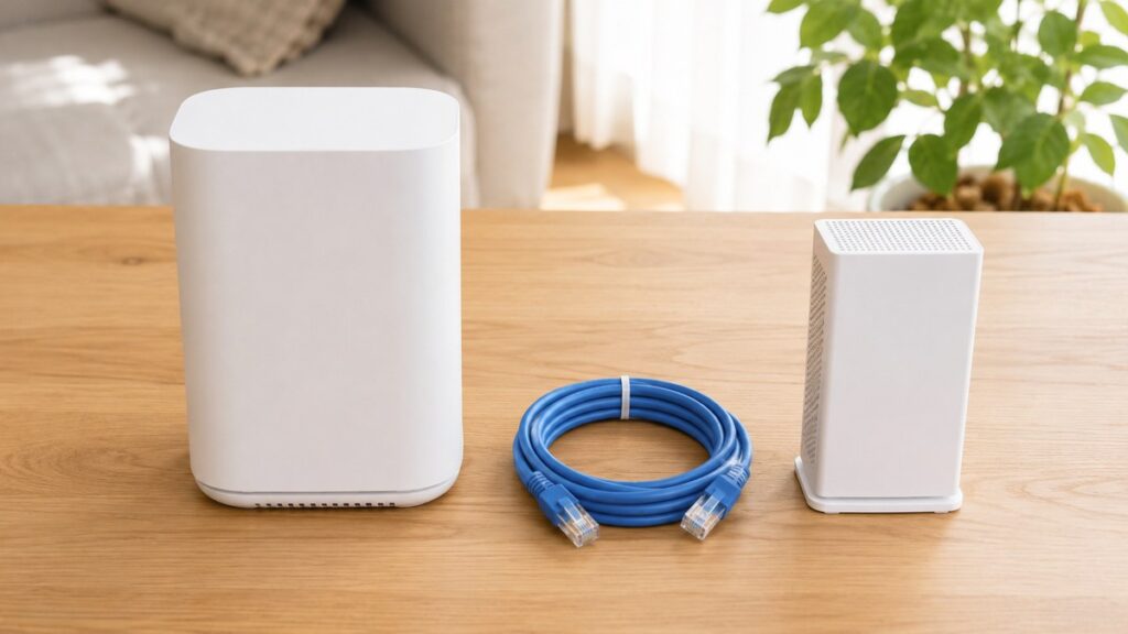 10ギガ回線に必要なWi-Fiルーターとネットワーク機器、LANケーブルを並べた写真