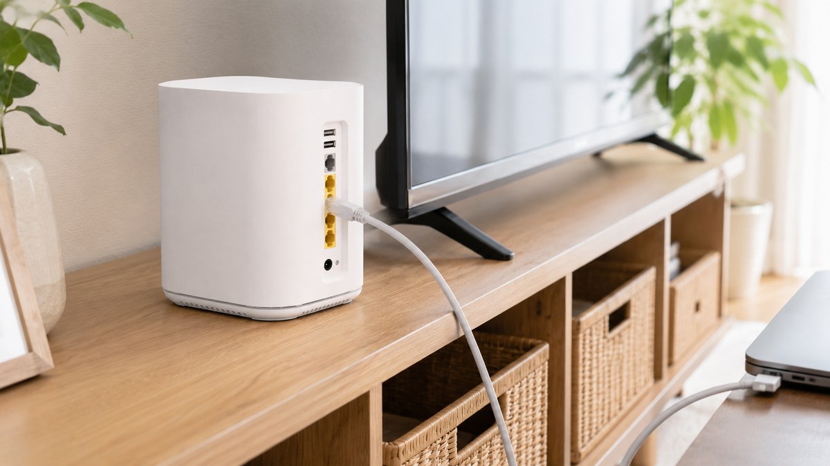 テレビ台に設置した10ギガ対応Wi-Fiルーターと有線LANケーブルの宅内配線の写真