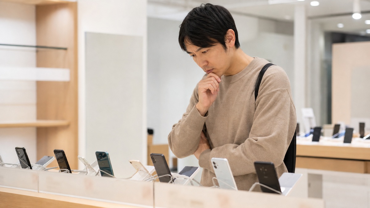 スマホ売り場で価格を確かめる様子