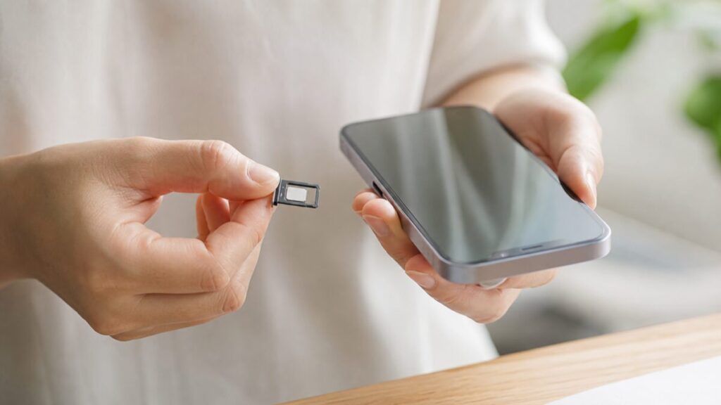 スマホのSIMを差し替えて乗り換え手続きをする様子
