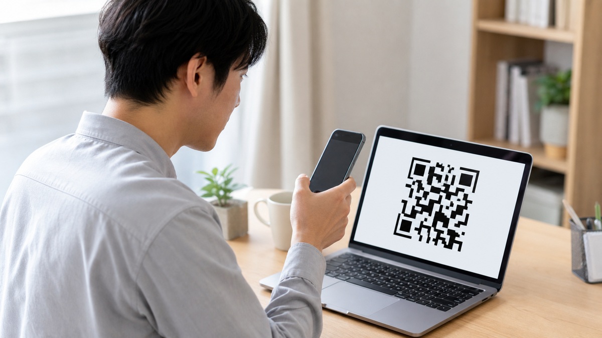 パソコンのQRコードをスマホで読み取る日本人