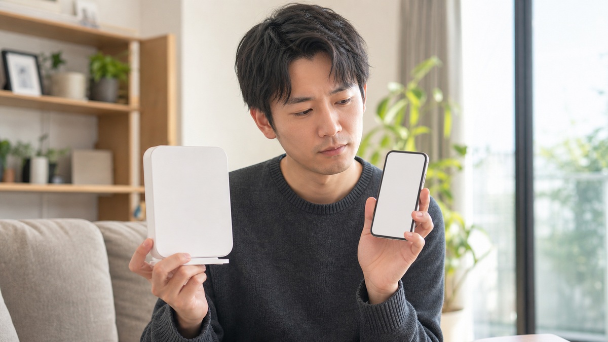 自宅で光回線とスマホを見比べる日本人