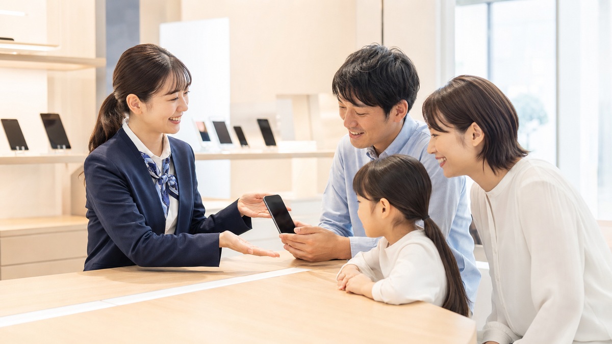 ショップで家族がスマホの相談をする様子