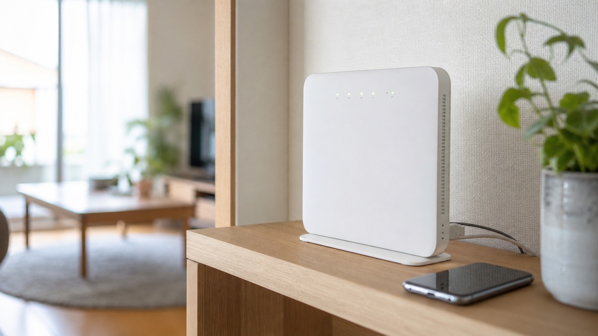 自宅に設置した光回線のWi-Fiルーターとスマホ