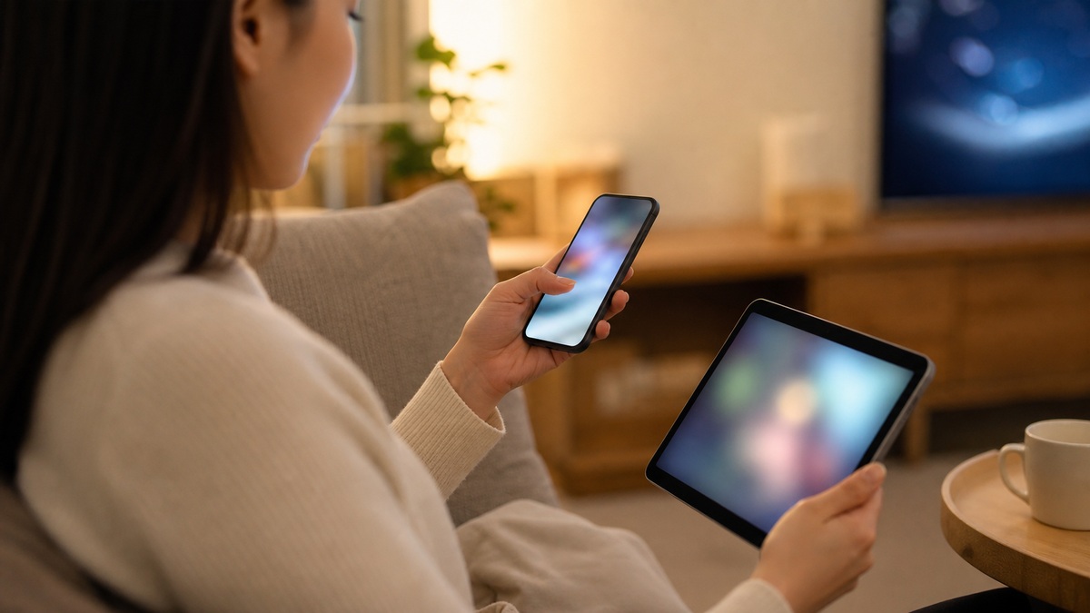 自宅でスマホやタブレットのネットを使ってくつろぐ様子