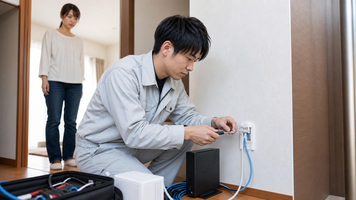 自宅で光回線の開通工事を行う作業スタッフ