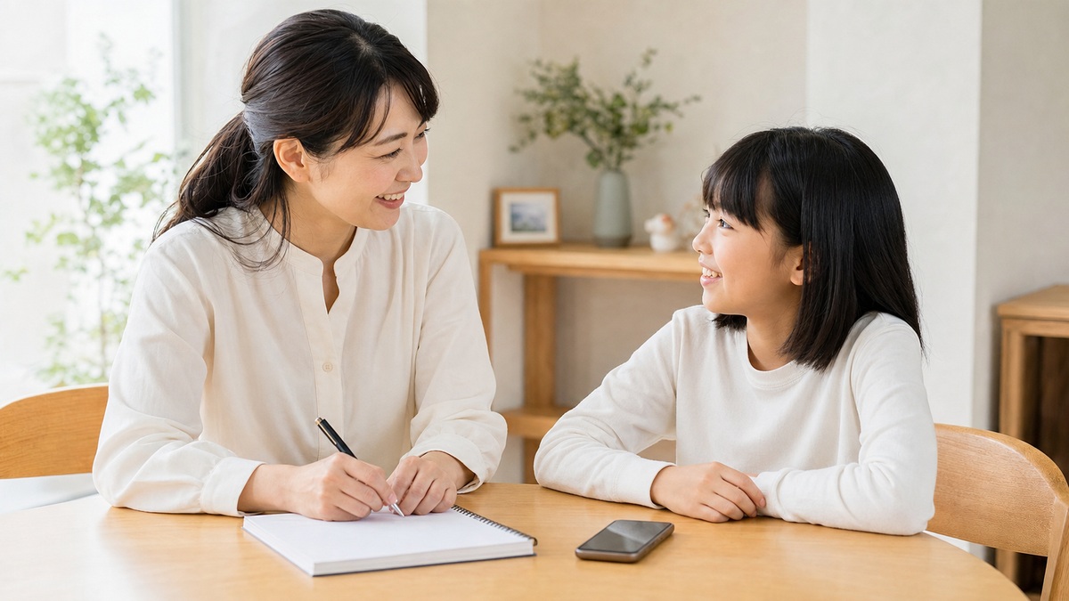 親子でスマホの使い方のルールを話し合っている様子