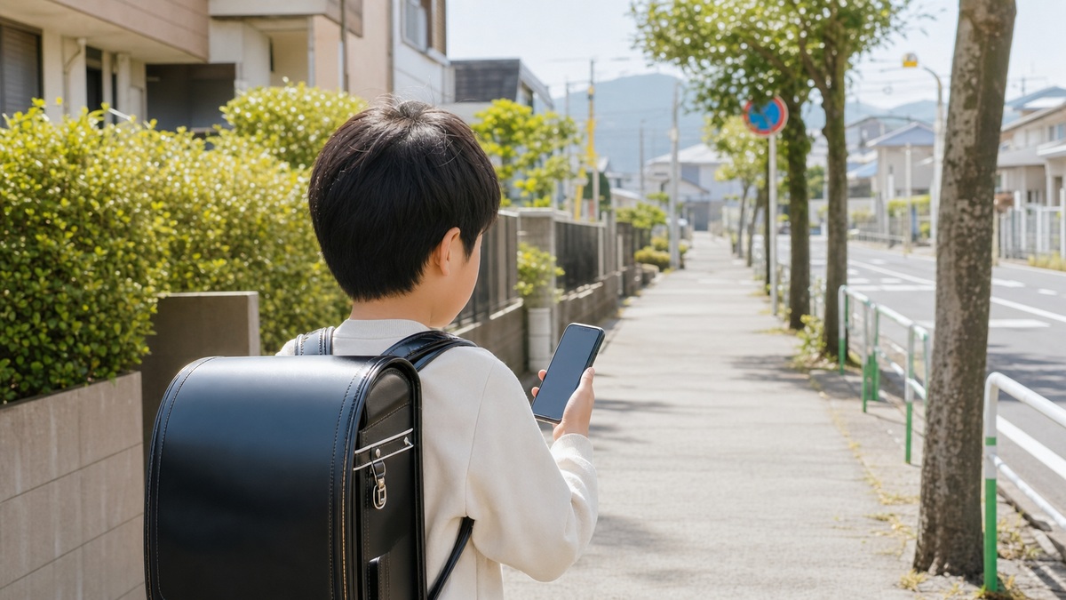 通学時にスマホを手に持つ小学生