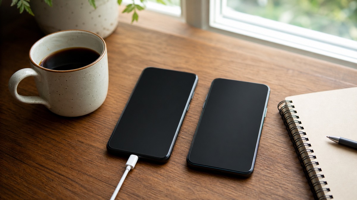 机の上に並べて置かれた2台のスマートフォン