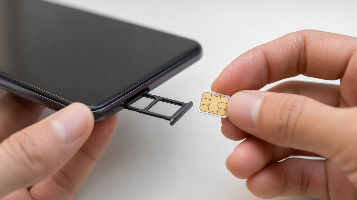 スマートフォンのSIMトレイに無地のSIMカードを入れようとしている手元