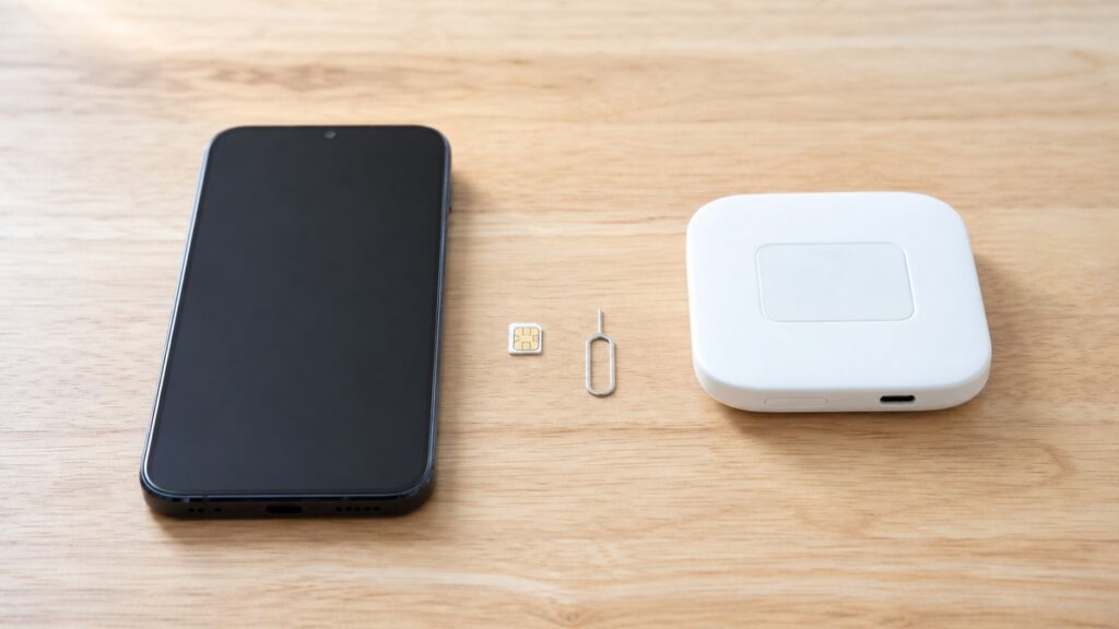 スマートフォンとSIMカード、モバイルWi-Fi端末を並べて比べている様子