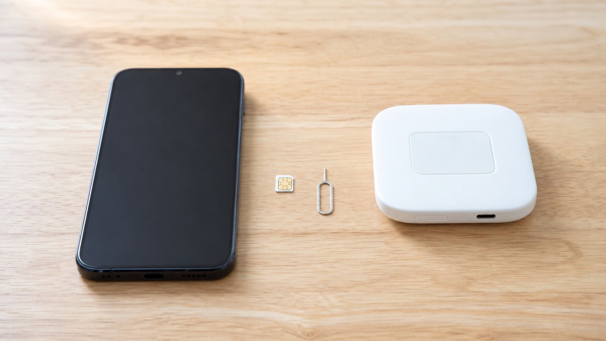 スマートフォンとSIMカード、モバイルWi-Fi端末を並べて比べている様子