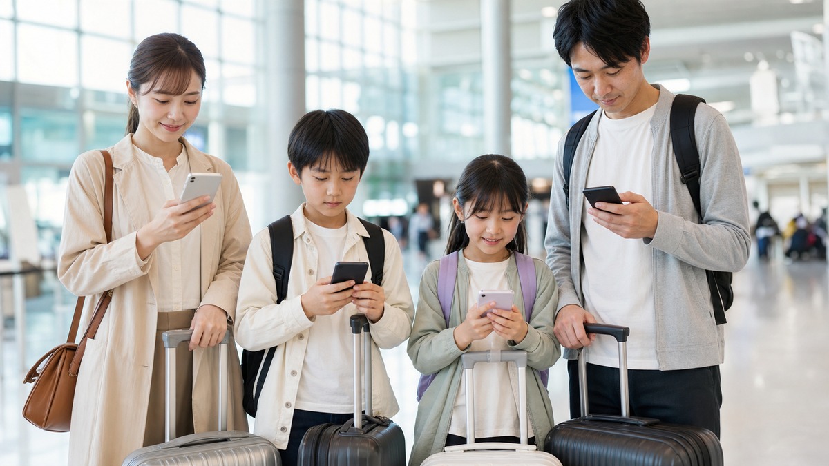 空港でそれぞれスマートフォンを持つ家族連れの旅行者
