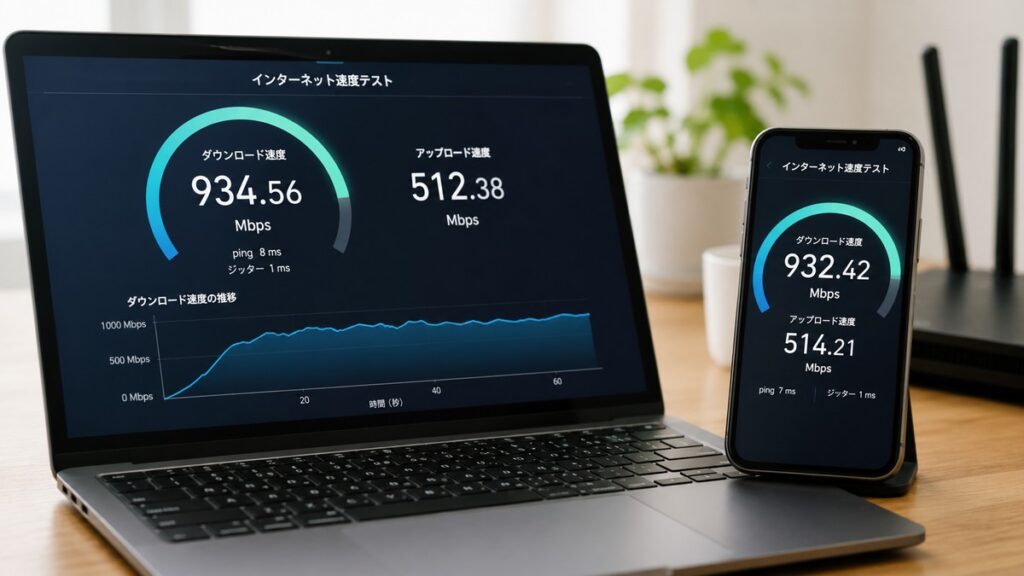 ノートパソコンとスマホで測定したインターネットの回線速度