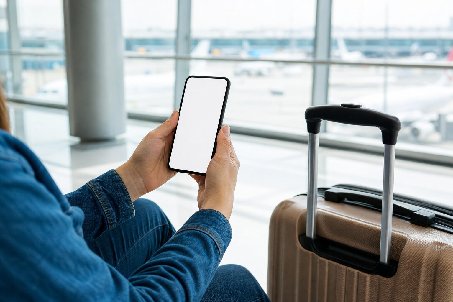 空港でスマホを手に海外旅行に出発する旅行者のイメージ