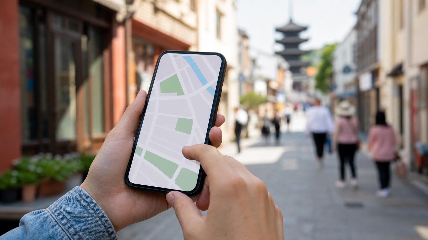 海外の街角でスマホを手に地図を確認する旅行者の手元