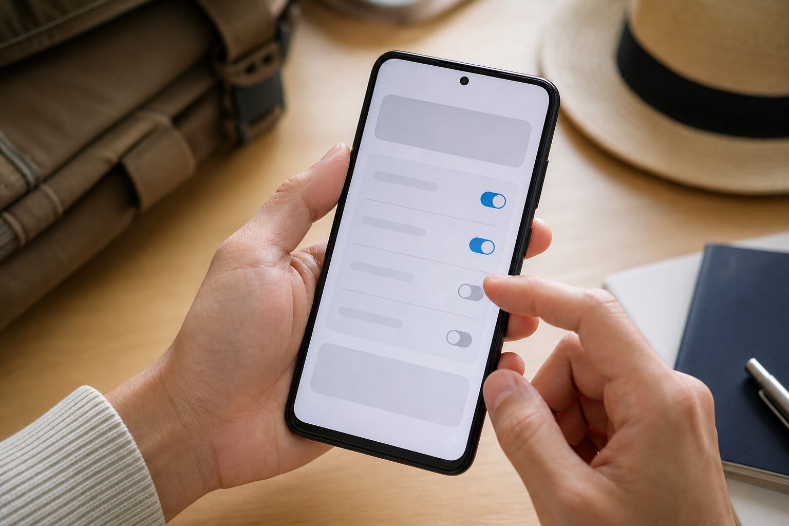 スマホの通信設定を操作する手元のクローズアップ