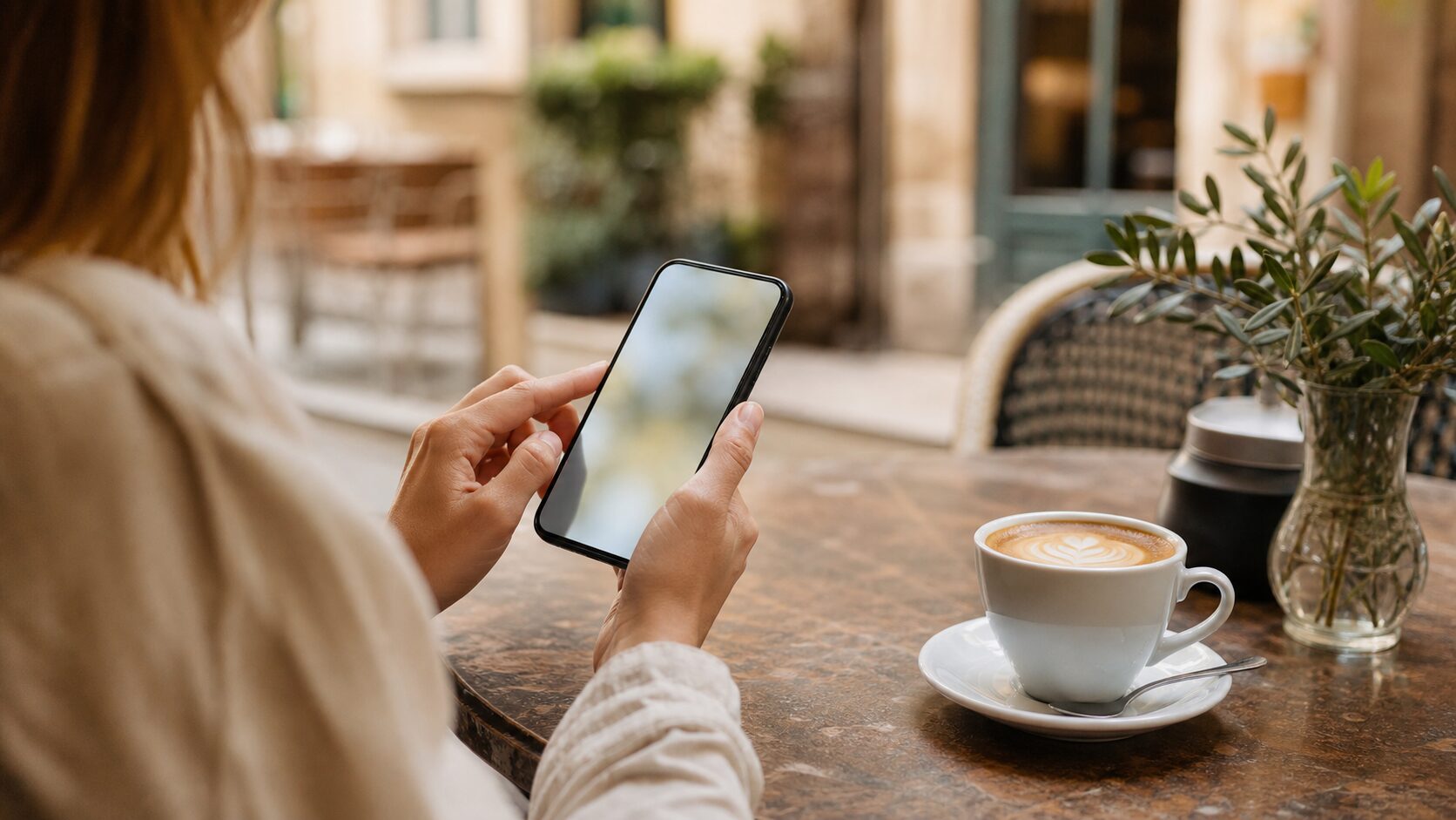 海外のカフェでスマホを使いながらくつろぐ旅行者のテーブル