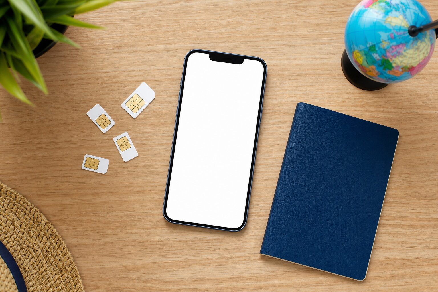 スマホと複数のSIMカードを並べて比較する俯瞰イメージ